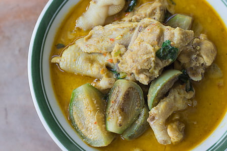 Curry, zelené kari, kuře, lilek, jídlo, zelenina, silná
