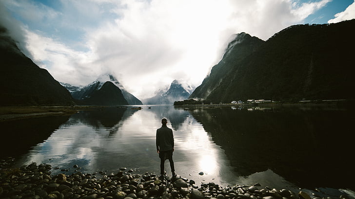 mountain lake, person, reflection, mountains, range, nature, landscape