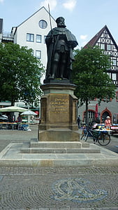 hanfried, thuringian monument, bronze statue, marketplace, jena, the founder of the university of, colorful city life