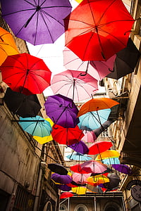 paraply, färgglada, lycka, Utomhus, regn, parasoll, flerfärgade