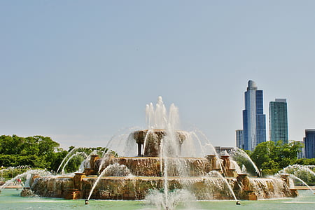 fontene, Buckingham Fountain, sprinklere, vann, byen, bygninger, tårn