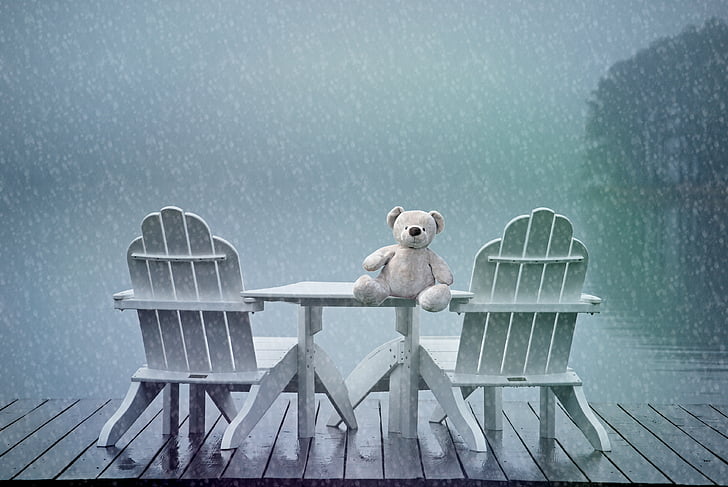 still, teddy bear, lonely, forget, lake, chairs, leave