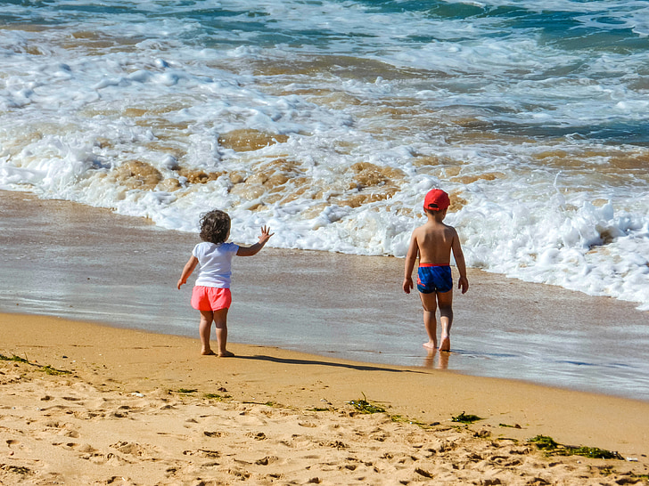 summer, beach, waves, children, holiday, sand, sea