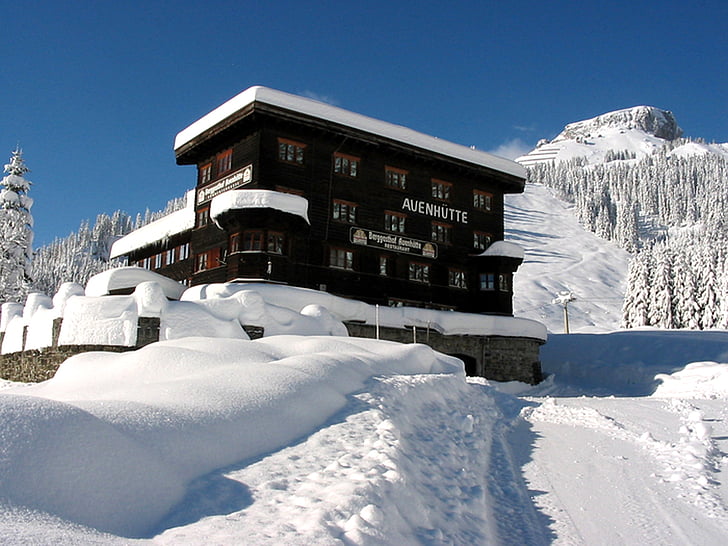 Zimní, auenhütte, sníh, Kleinwalsertal, alpské, Zimní, zasněžené