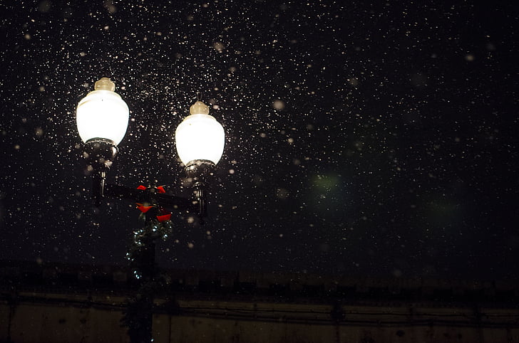 pedestal, lâmpada, transformar, à noite, escuro, luzes da rua, Inverno