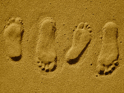 urme, paşi, nisip, desculţ, plajă, picior, amprenta