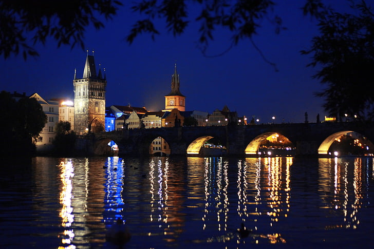 Praga, notte, ponti, capitale, fiume, città, blu