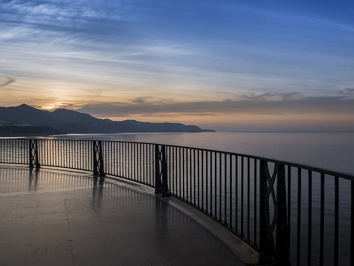 sjøen, Balcón de europa, balkong, Nerja, daggry, himmelen, blå