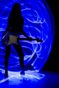 blue, rock, guitar, woman, neon