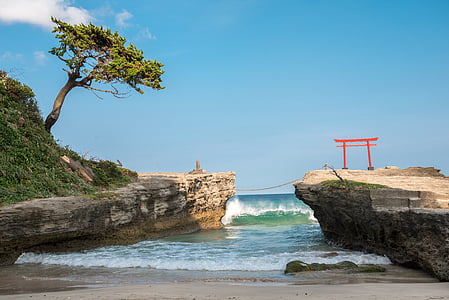 beach, torii, izu, peninsula, shizuoka, water, gate