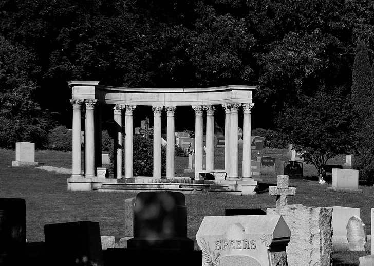 cemetery, graveyard, greek, columns, pillars, black white, headstones
