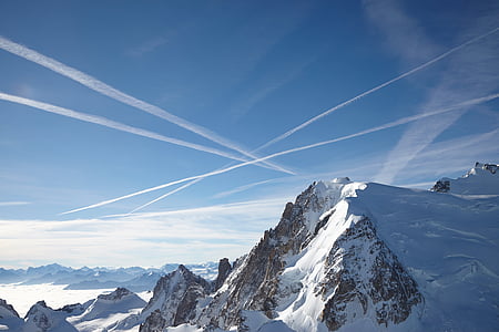 chamonix, sky trails, blue sky, alps, landscape