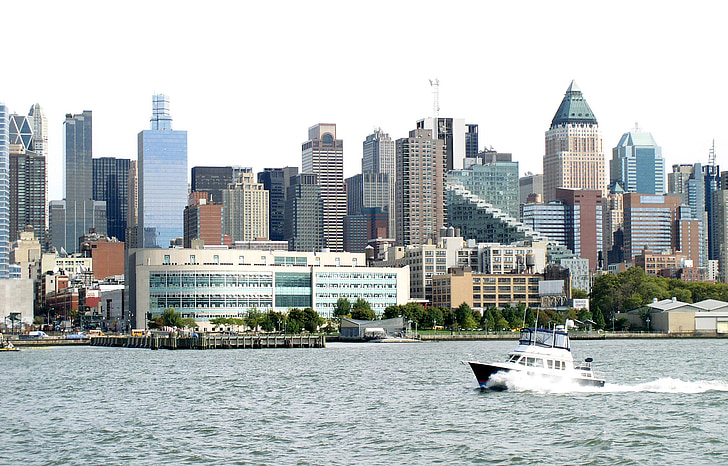 New york, výhled na město, mrakodrapy, Spojené státy americké, Domů, řeka, voda