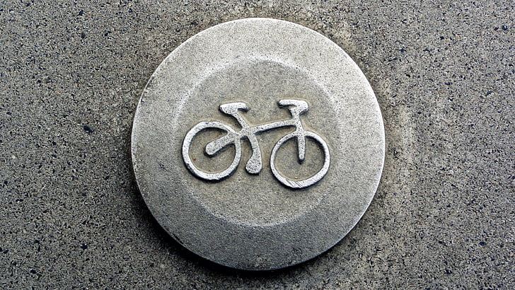 signe, bicicleta, símbol, segell, un signe a la paret, signar en pedra, formigó