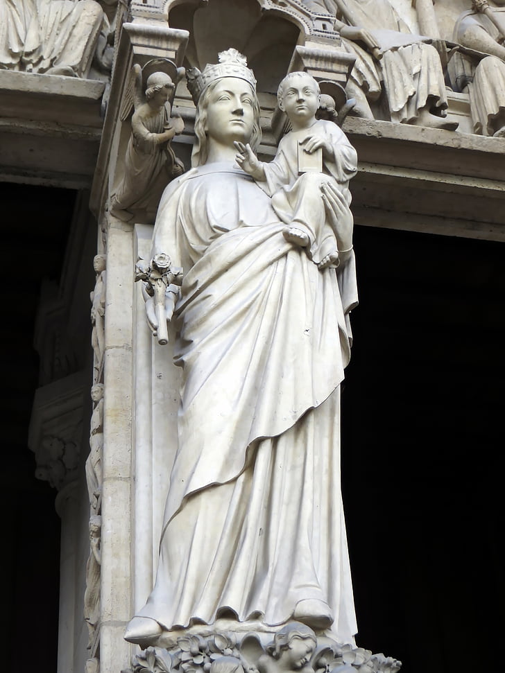 Paris, Notre-dame, Notre dame de paris, Virgine, Fecioara cu pruncul, Statuia, Catedrala