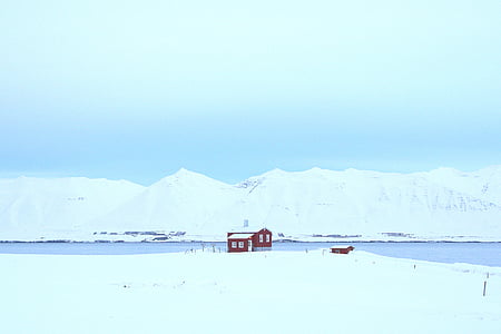 rudos spalvos, namas, šalia, kalnai, sniegas, sniego, žiemą