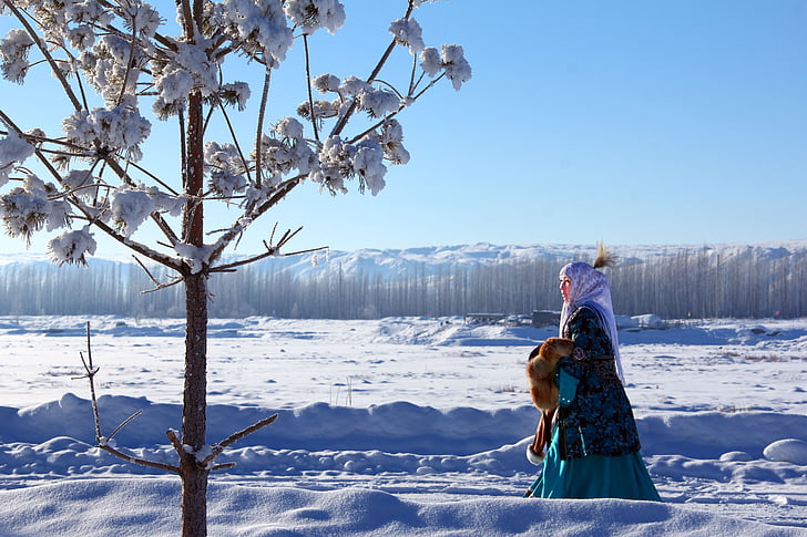 Kazajo, buerjin, nieve, invierno, al aire libre, naturaleza, personas