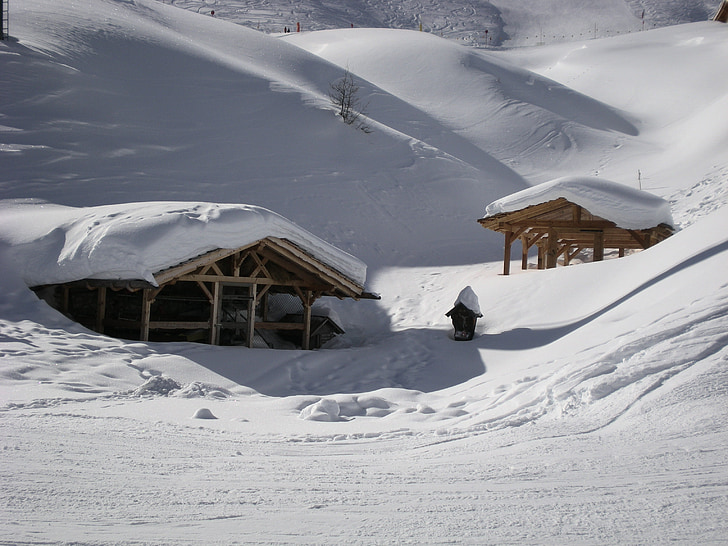 хатини, сніг, Гора, Dolomiti, краєвид, взимку, будинок