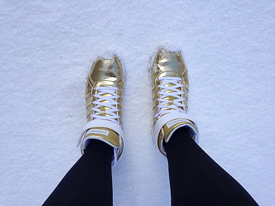 skor, gyllene, snö, vinter, kalla, guld