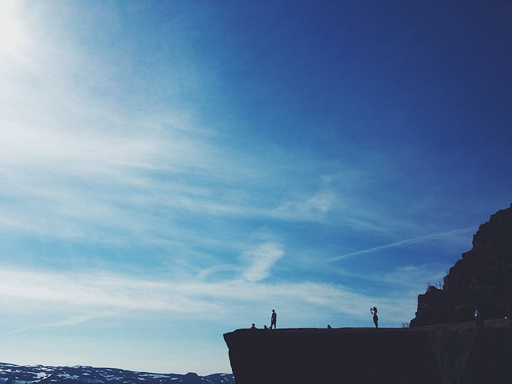 two, people, near, edge, mountain, day, blue