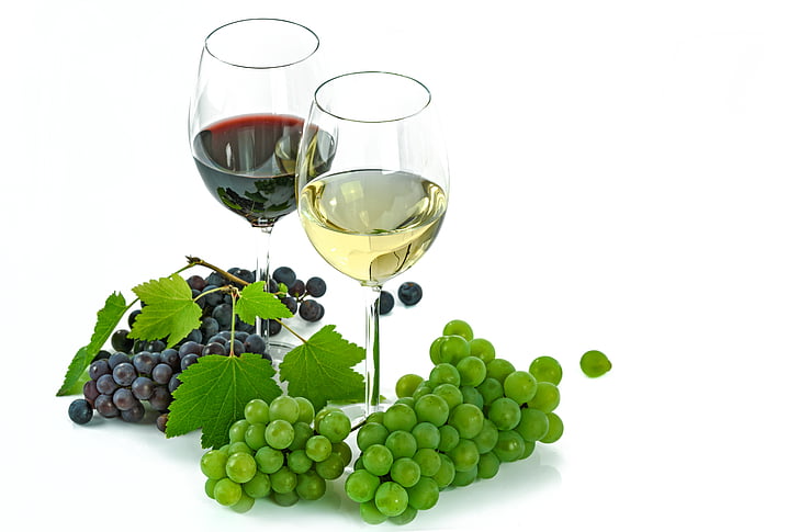 vin, alb, Red, o izolat, sticlă, struguri, strugure