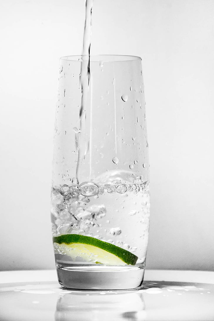 glass for water, green lemon, water, glass, drink, freshness, glass of water