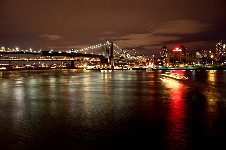 Fotografía, ciudad, edificios, noche, tiempo, iluminados, puente