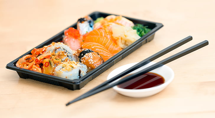 sushi, takeaway, mat, måltid, sjømat, japansk, roll