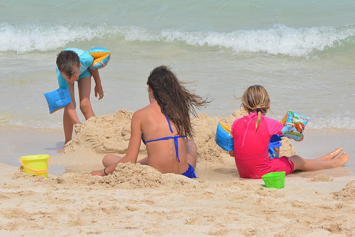 děti, pláž, Já?, lidé, hrát, vlny, cestování