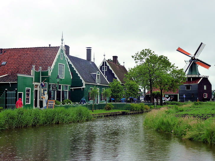 вятърна мелница, Холандия, Холандия, Zaanse schans, исторически, живописна, пейзаж