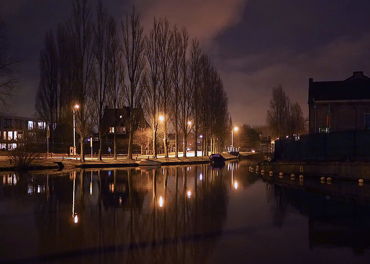 олово, град, нощ, Холандски, канал