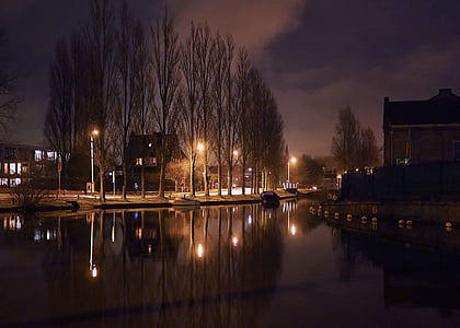 plomb, ville, nuit, Néerlandais, canal