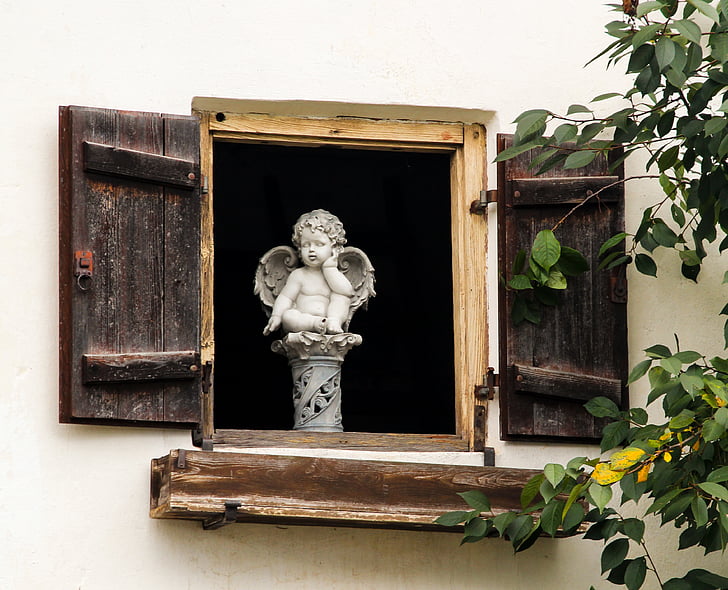 fenêtre de, ange, Figure, ange gardien, sculpture, mélancolique, figure de l’ange