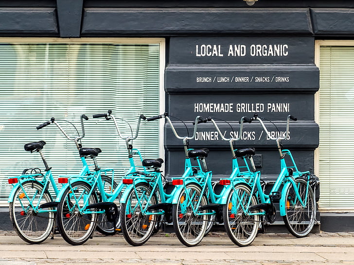 bicicleta, bicicletes, estacionat, barra, Ecologia, Restaurant, carrer