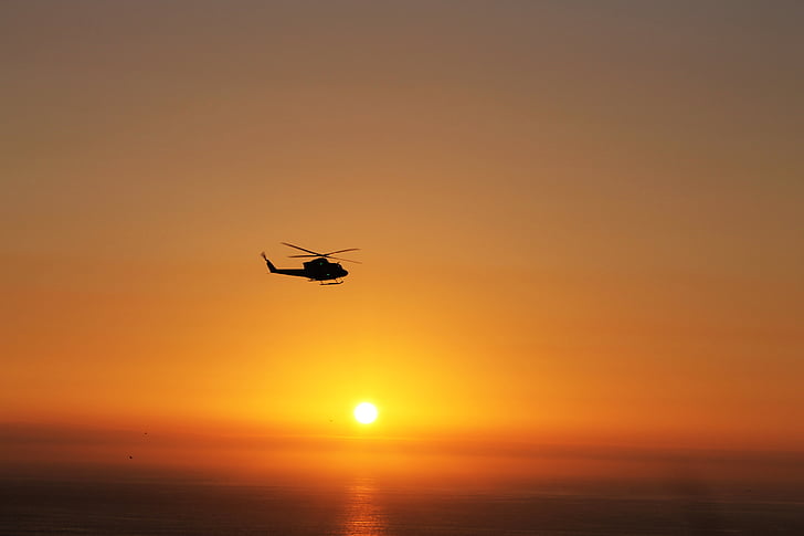 helicóptero, sol, puesta de sol, vuelo, naturaleza