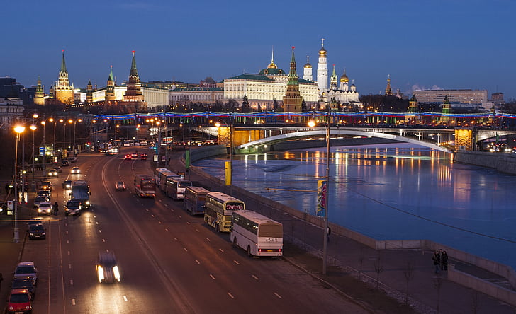 Moskwa, Kremla, Quay, Rosja, lampki nocne, noc miasto, Rzeka Moskwa