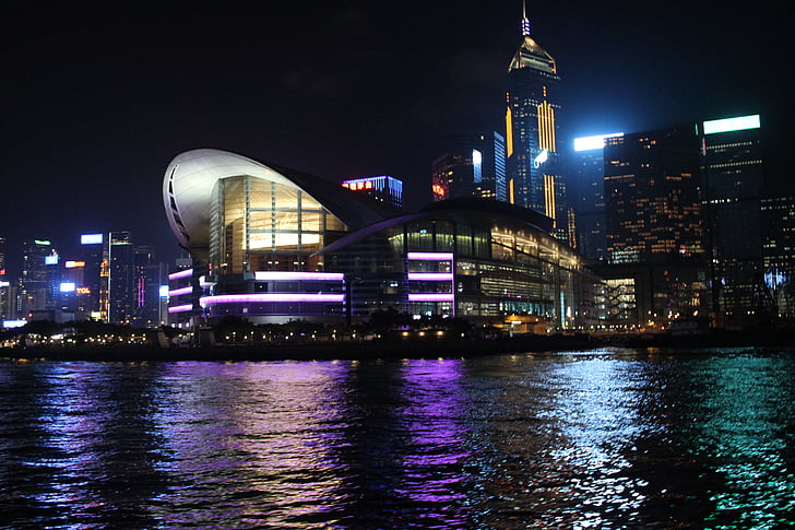 Гонконг, Центральный, Ночная точка зрения, Виктория Бич, ночь, городской пейзаж, Архитектура