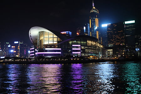 Hong kong, centrum, wgląd nocy, Victoria beach, noc, gród, Architektura