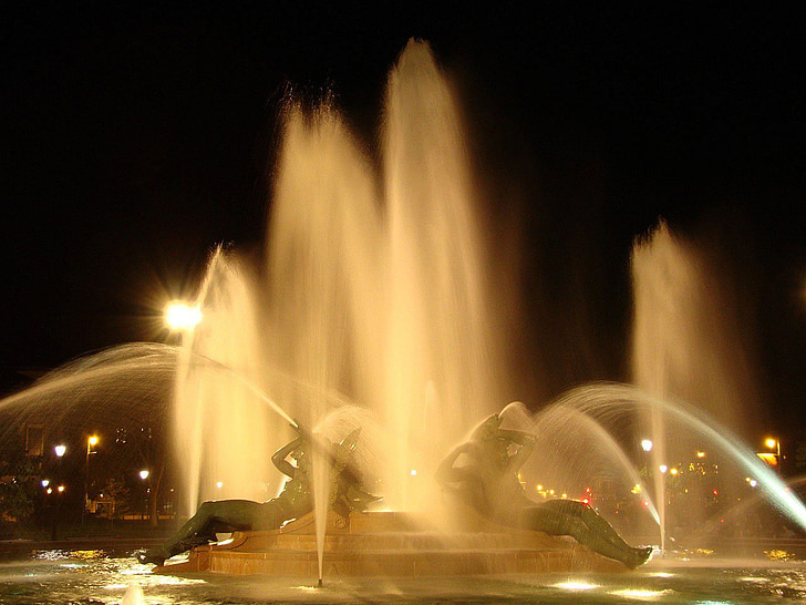 Swann památník Fontána, Fontána tří řek, Fontána, Philadelphia fontána, osvětlená fontána, Logan kruh, Logan circle fontána