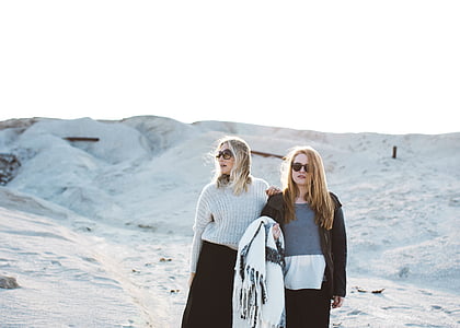 two, women, wearing, sunglasses, winter, snow, people