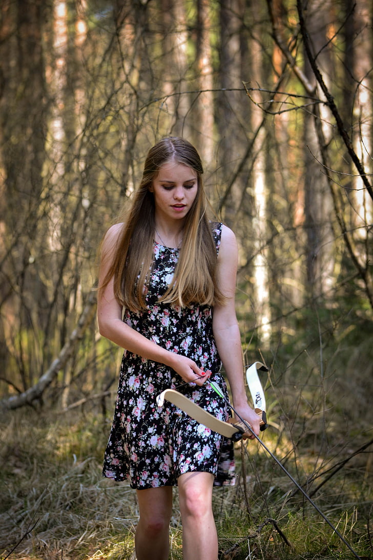 forest, bow, lady, beauty, young, woman, girl