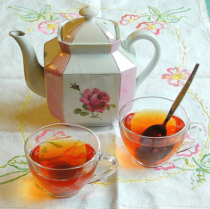 čaj, nápoj, nápoj, poháre, Tabuľka, obrus, kanvica na čaj