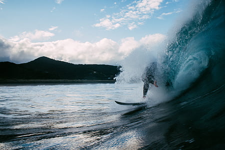 pessoa, surf, placa, ao seu lado, mar, ondas, perto de