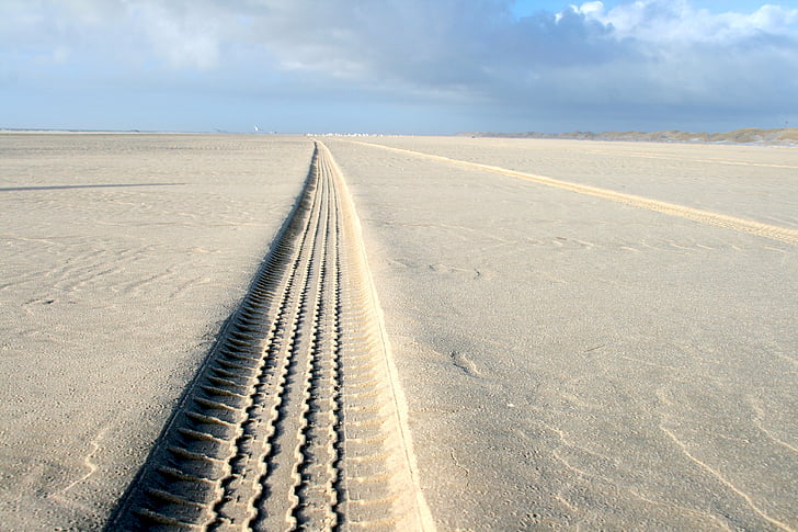 trace, sand, beach, tire track, traces, reprint, sea
