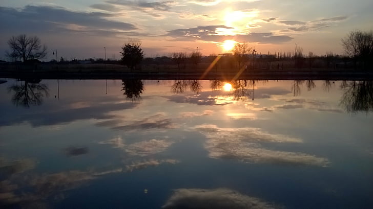 Západ slunce, krajina, zrcadlo, Příroda, reflexe, jezero, voda