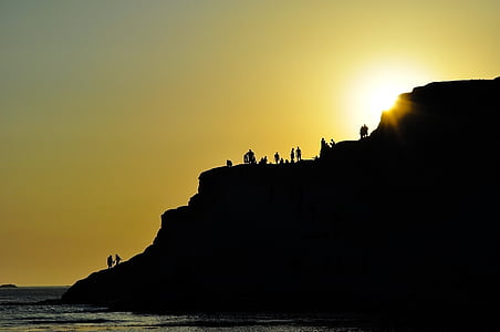 sunset, dusk, sky, mountains, cliffs, people, silhouette