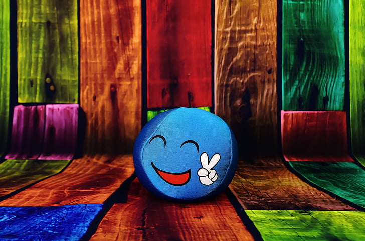 Smiley, grappig, blauw, emoticon, lachen, hout - materiaal
