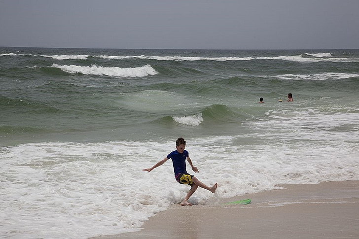beach, waves, surf, ocean, child, playing, boy