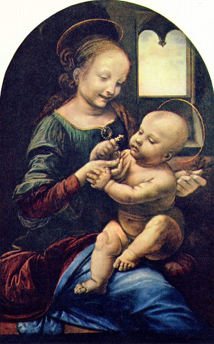 de Maagd en kind, Leonardo da vinci, ketel en Jezus, 1478-1482, olie op hout, jeugd schilderij van leonardo, moeder en zoon