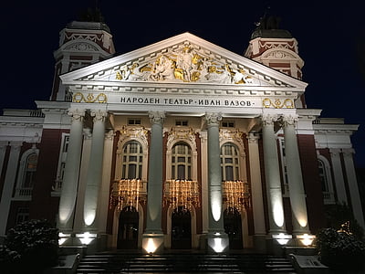 Sofia, Bulgarien, Nationalteatern ivan vazov, arkitektur, vandring, natt, berömda place